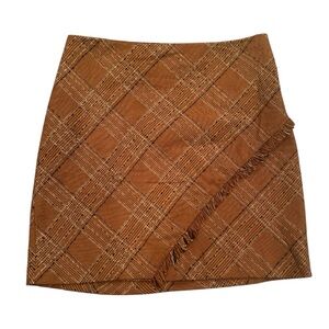 Free People Brown Plaid Tweed Fringe Mini Skirt Fall Preppy Academia Sz 4